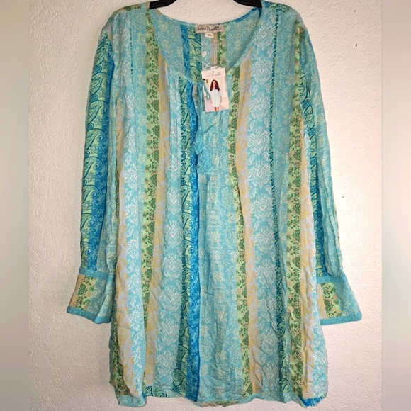 NWT Simply Noelle BoHo Long Sleeve Tie Neck Tunic Blouse Women's Size XXL - Picture 1 of 12